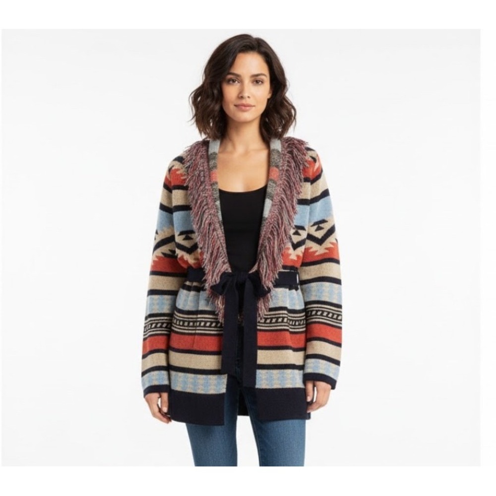 MARGEAUX & ELLIE Women's Lg Southwest Aztec Fringe Cardigan Sweater Belted